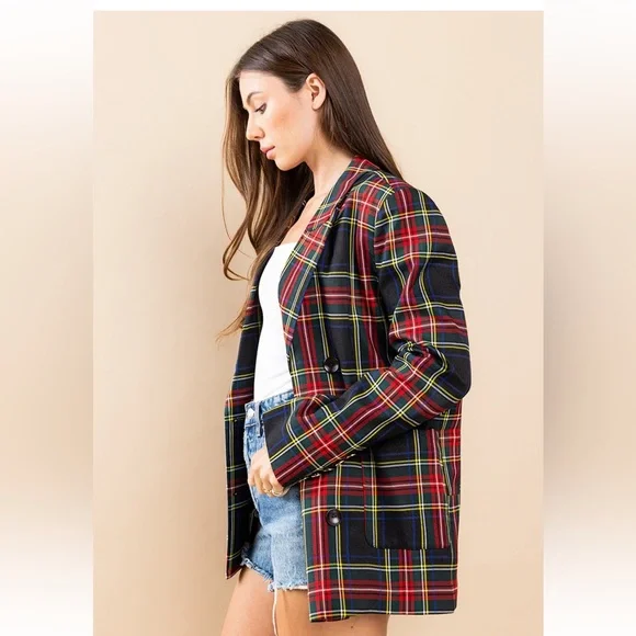04 Chic Plaid Double Breasted Blazer Jacket - Picture 4 of 6